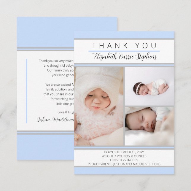 Carte De Remerciements 3 Photo Baby shower bleu blanc |Annonce de naissan (Devant / Derrière)