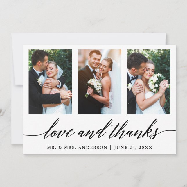 Carte De Remerciements 3 Photo Calligraphy Love and Thanks Mariage (Devant)