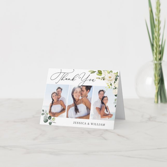 Carte De Remerciements 3 PHOTO Elegant Eucalyptus White Roses Floral (Devant)