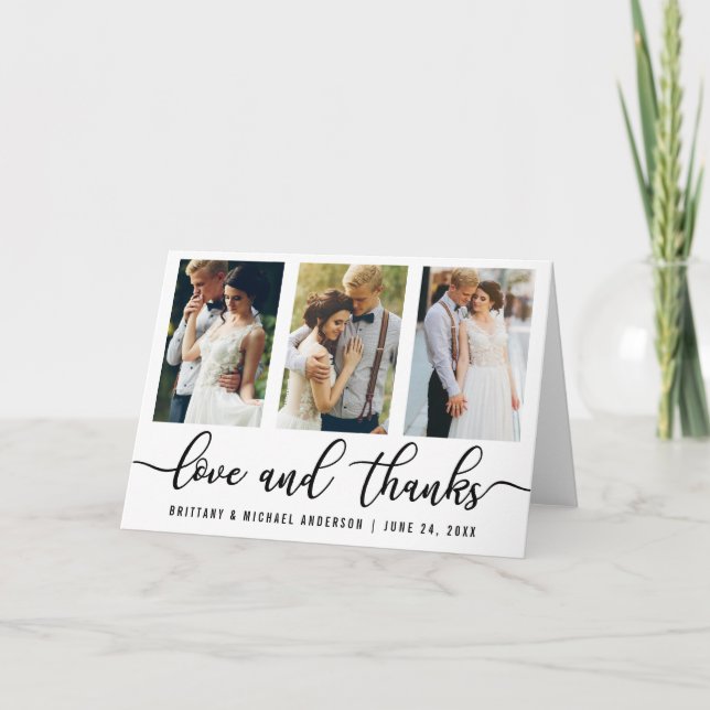 Carte De Remerciements 3 Photo Moderne Mariage Love and Thanks Pold (Devant)