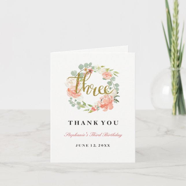 Carte De Remerciements 3e anniversaire Pink Gold Floral Wreath (Devant)