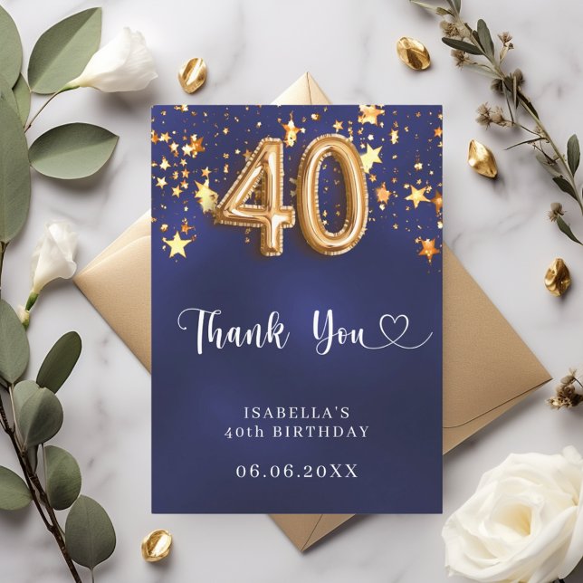 Carte De Remerciements 40e anniversaire marine bleu or étoiles (Créateur téléchargé)
