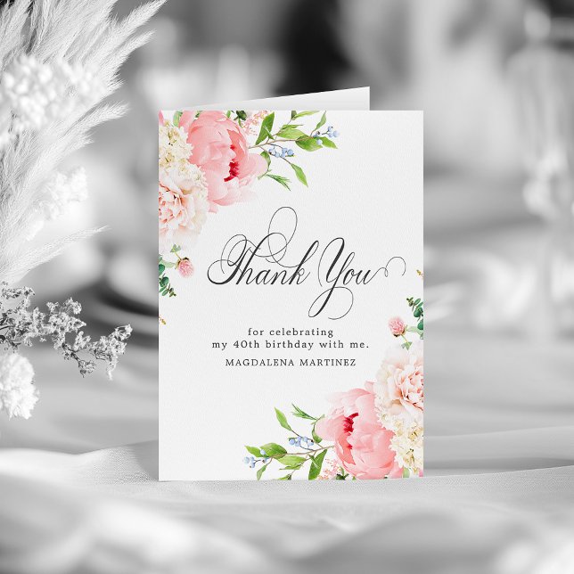 Carte De Remerciements 40e anniversaire rose pâle rose pâle floral plié (Créateur téléchargé)