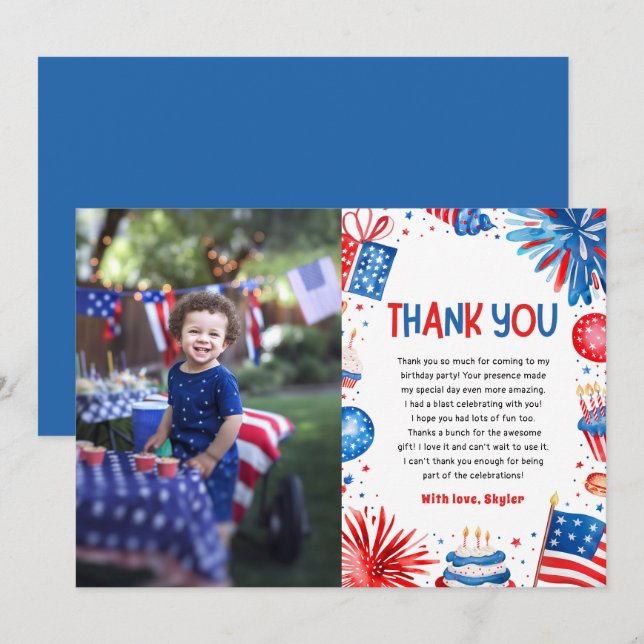 Carte De Remerciements 4 juillet patriotique rouge blanc et bleu Annivers (Devant / Derrière)