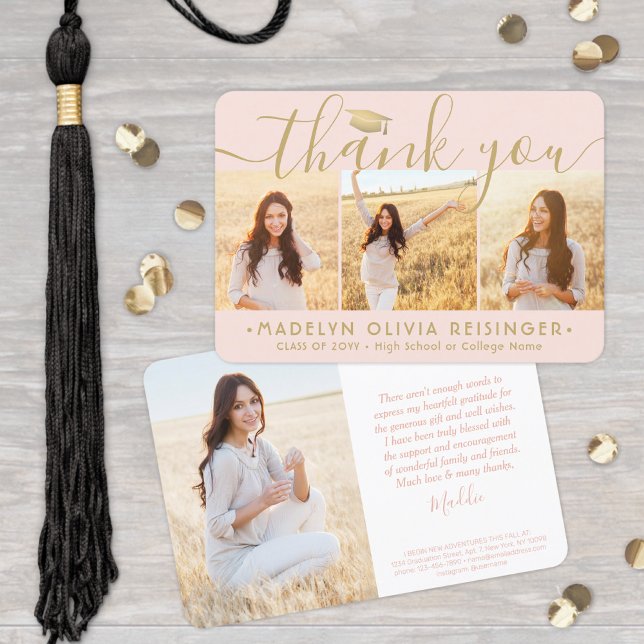 Carte De Remerciements 4 Photo Nouvelle adresse Blush Pink et Gold Gradua (Créateur téléchargé)