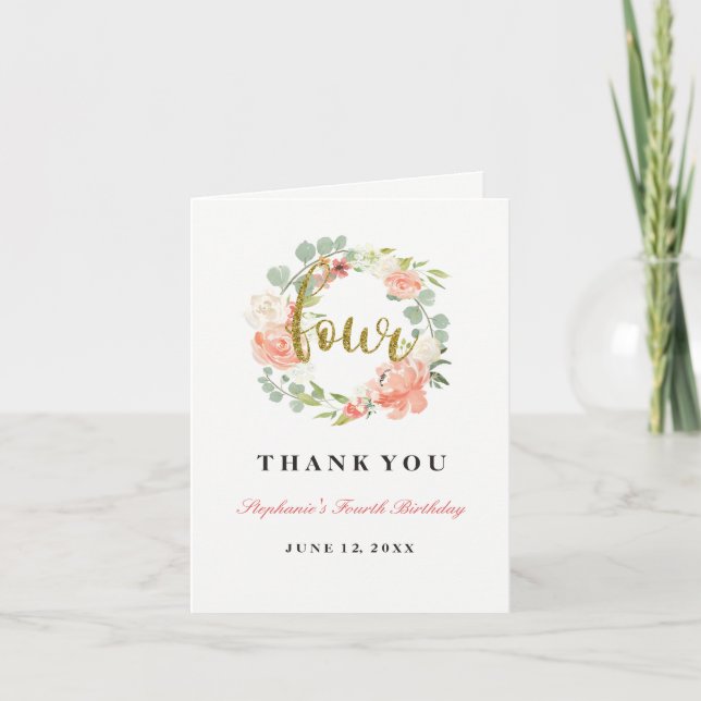 Carte De Remerciements 4e anniversaire Pink Gold Floral Wreath (Devant)