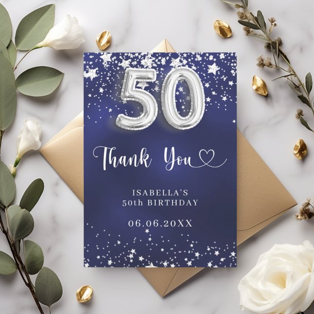 Carte De Remerciements 50e anniversaire marine bleu argent étoiles (Créateur téléchargé)