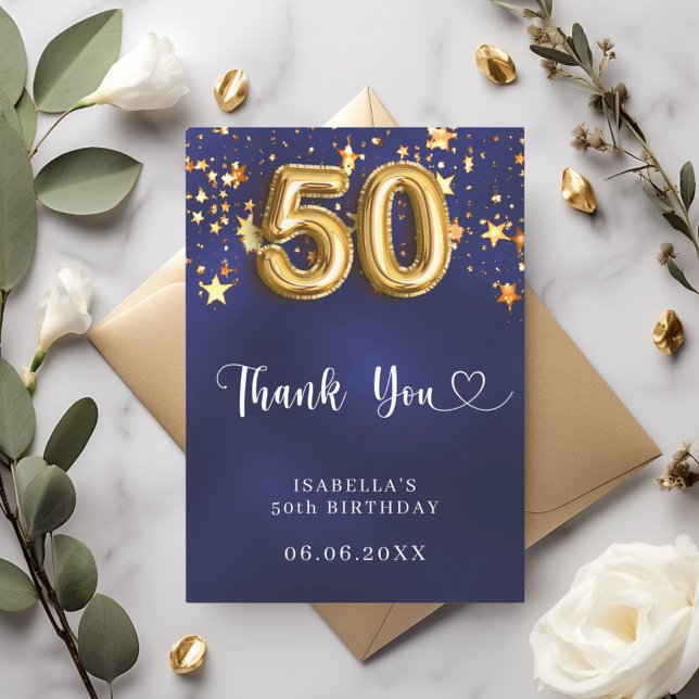 Carte De Remerciements 50e anniversaire marine bleu or étoiles (Créateur téléchargé)