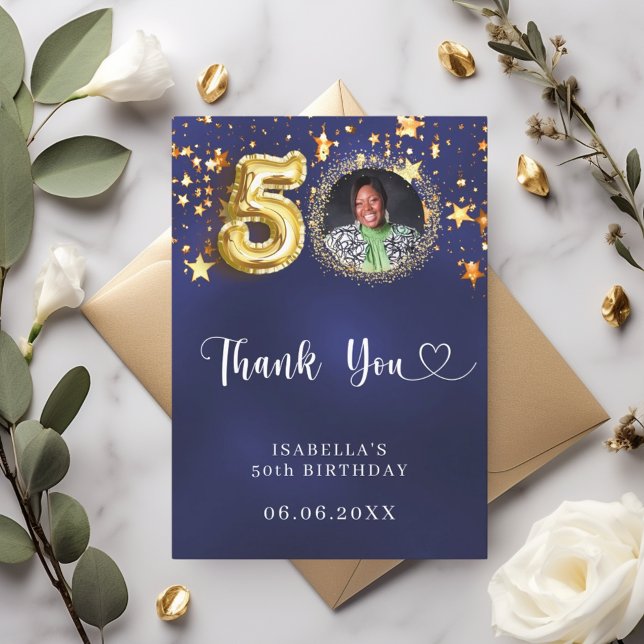 Carte De Remerciements 50e anniversaire marine bleu or étoiles photo (Créateur téléchargé)