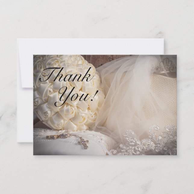 Carte De Remerciements 5882-Bouquet avec anneaux, Voile et Croix (Devant)