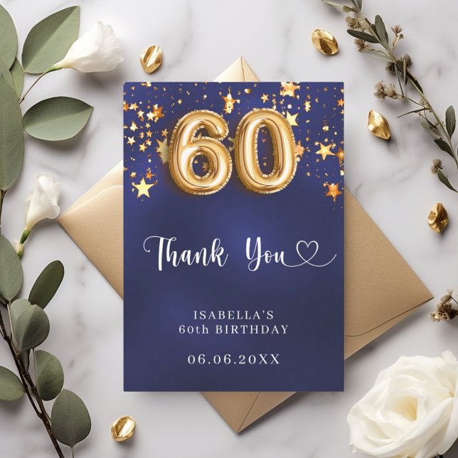 Carte De Remerciements 60e anniversaire marine bleu or étoiles (Créateur téléchargé)