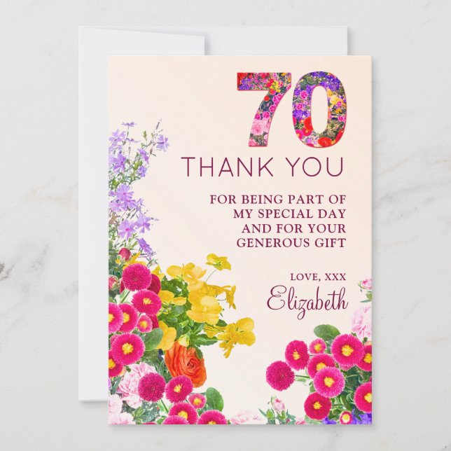 Carte De Remerciements 70e anniversaire floral moderne 70 ans fête (Devant)
