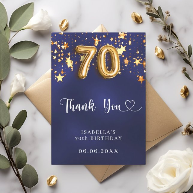 Carte De Remerciements 70e anniversaire marine bleu or étoiles (Créateur téléchargé)