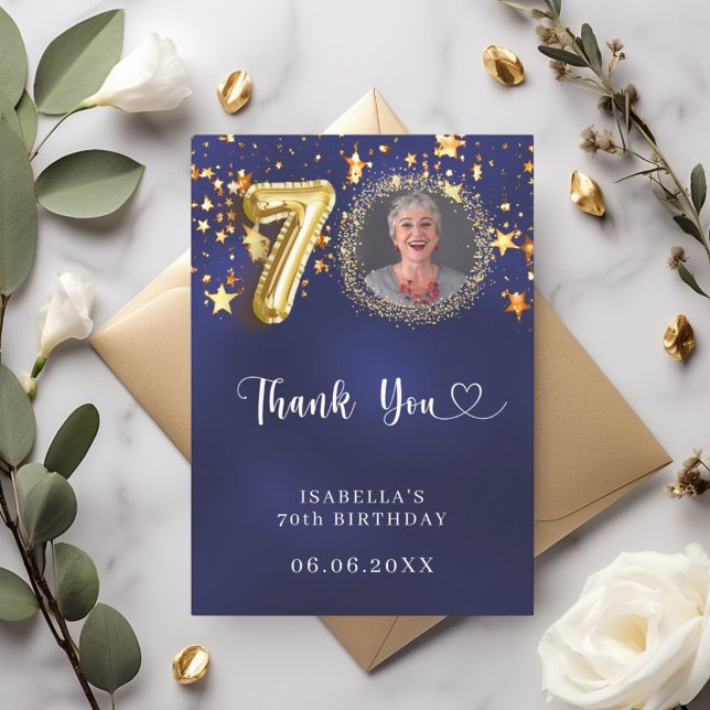 Carte De Remerciements 70e anniversaire marine bleu or étoiles photo (Créateur téléchargé)