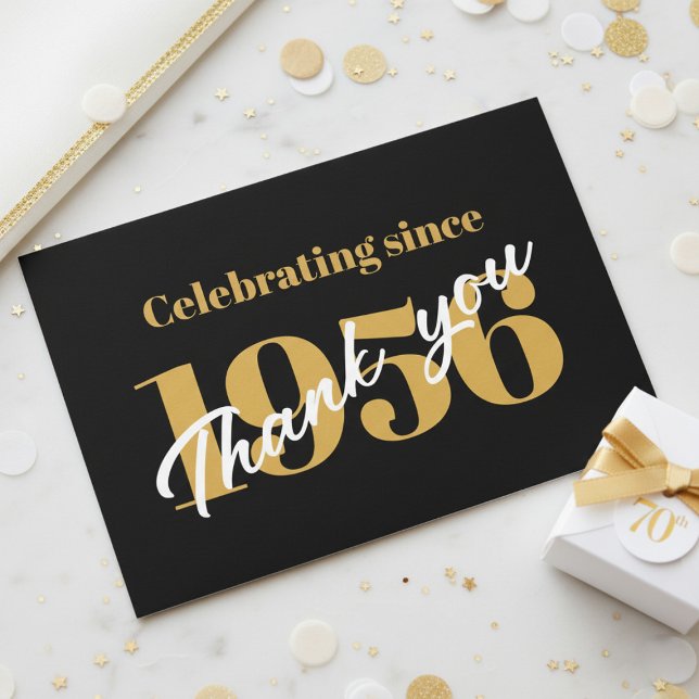 Carte De Remerciements 70th Birthday 1956 Retro Black And Gold (1956 thank you card. White and gold background)