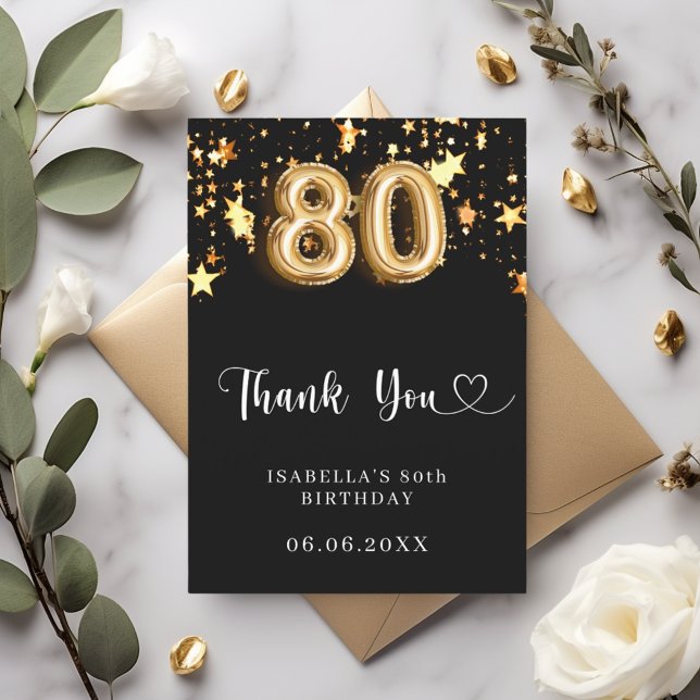 Carte De Remerciements 80e anniversaire étoiles d'or noir (Créateur téléchargé)
