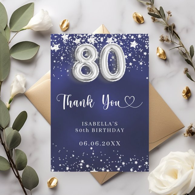 Carte De Remerciements 80e anniversaire marine bleu argent étoiles (Créateur téléchargé)