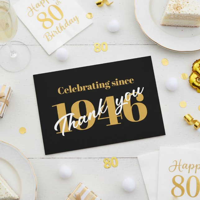 Carte De Remerciements 80th Birthday 1946 Retro Black And Gold (1946 than you card. White background.)