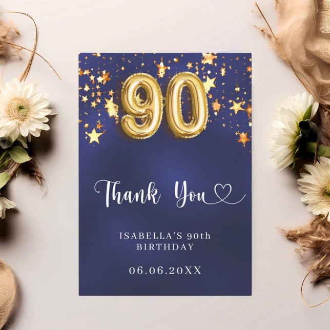Carte De Remerciements 90e anniversaire marine bleu or étoiles (Créateur téléchargé)
