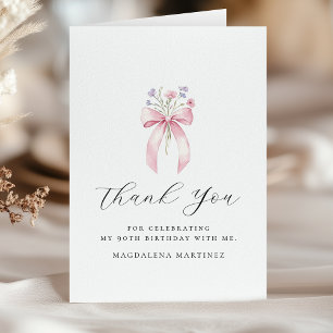 Carte De Remerciements 90e anniversaire Pink Bow Fleur sauvage plié