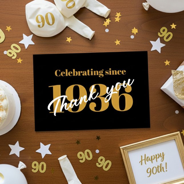 Carte De Remerciements 90th Birthday 1936 Retro Black And Gold (1936 Thank you card on a table.)