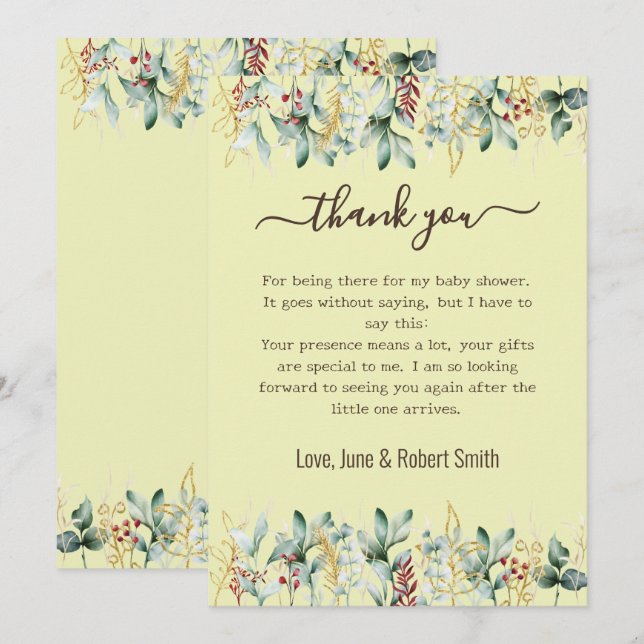 carte de remerciements à bébé à fleurs eucalyptus (Devant / Derrière)