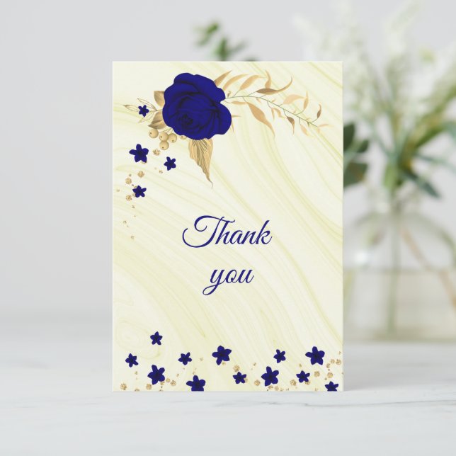 carte de remerciements à fleurs or bleu royal (Debout devant)
