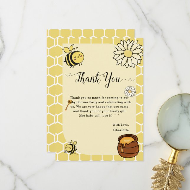 Carte De Remerciements Abeille mignonne au Baby shower de miel sucré (Devant/Arrière en situation)