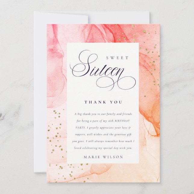 Carte De Remerciements Abstrait Pastel Rose Orange Sweet 16 Anniversaire (Devant)