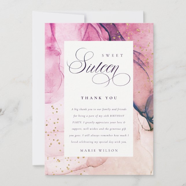 Carte De Remerciements Abstrait Pastel rose violet marine douce 16 Annive (Devant)