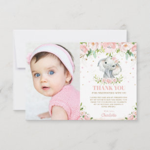 Carte De Remerciements Adorable Eléphant rose Floral Girl 1er anniversair
