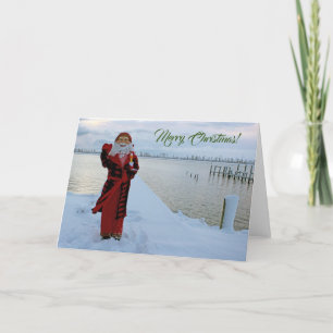 Carte De Remerciements Adorable Père Noël Avec Poulet Au Bord De La Mer C