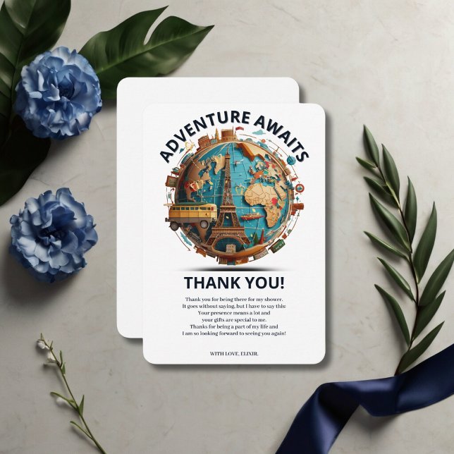Carte De Remerciements Adventure Await Modern Globe Baby shower (Créateur téléchargé)