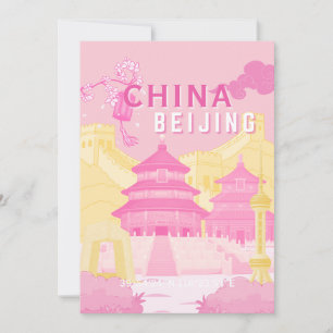 Carte De Remerciements Affiche de voyage à Pékin Chine Art rose et jaun
