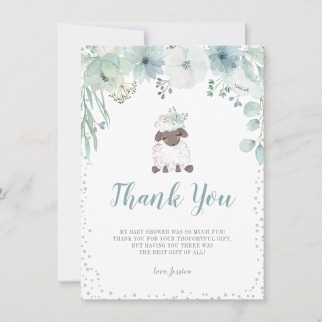 Carte De Remerciements Agneau floral vert Baby shower neutre genre (Devant)