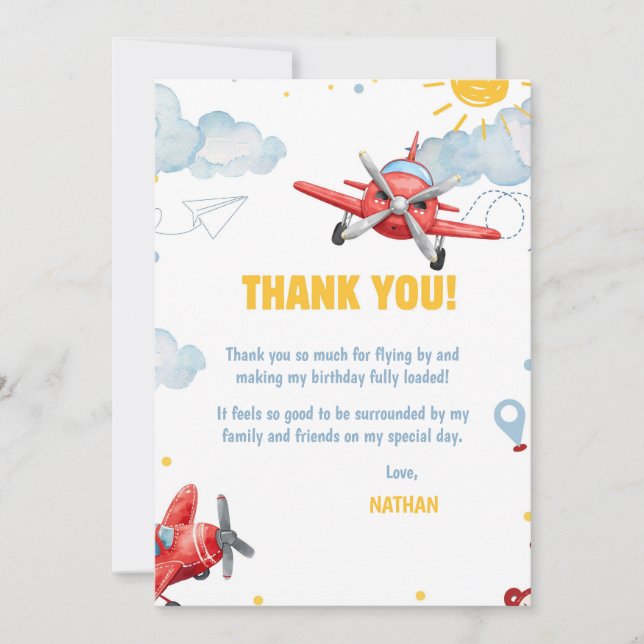 Carte De Remerciements Airplane Aviation Any Age Birthday Party  (Devant)