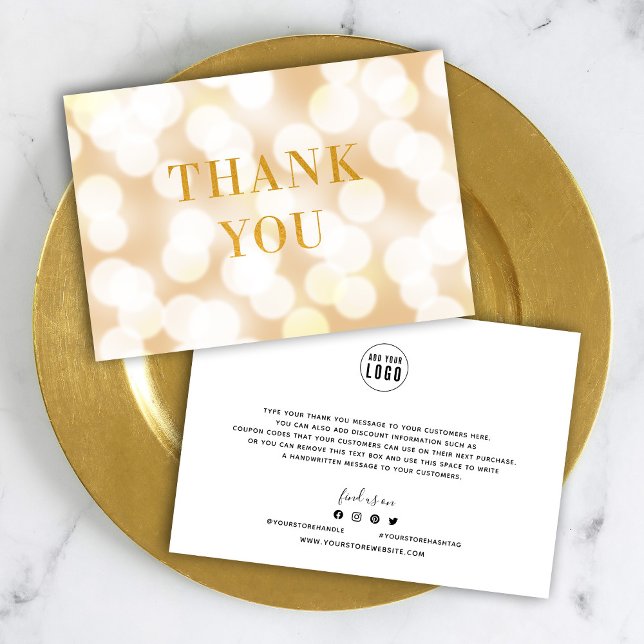 Carte De Remerciements Ajouter Votre Logo Champagne Bokeh Lights Faux Gol (Créateur téléchargé)