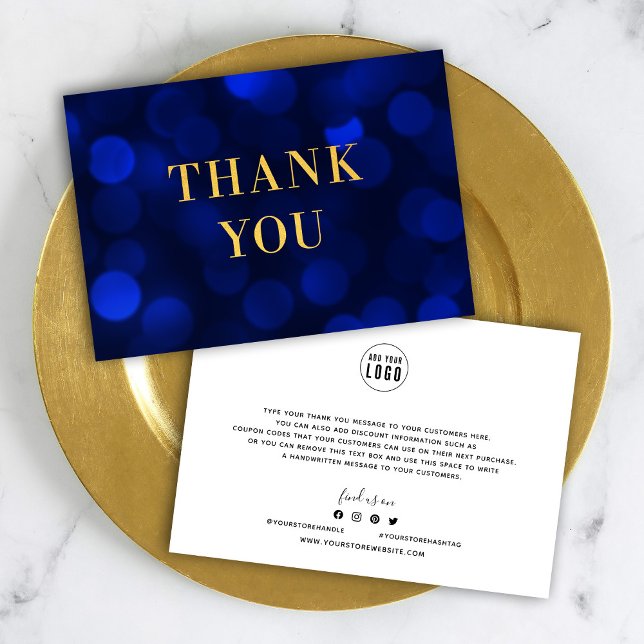 Carte De Remerciements Ajoutez Votre Logo Sapphire Blue Bokeh Lights Faux (Créateur téléchargé)