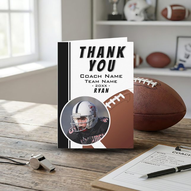 Carte De Remerciements American Football Coach Football Ball Black Photo (Créateur téléchargé)