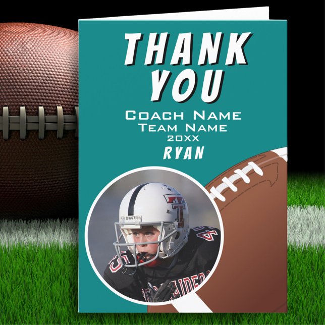 Carte De Remerciements American Football Coach Football Ball Photo Turquo (Créateur téléchargé)