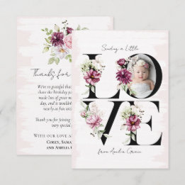 Carte De Remerciements AMOUR Blush Floral Baby Girl's Birthday Guest