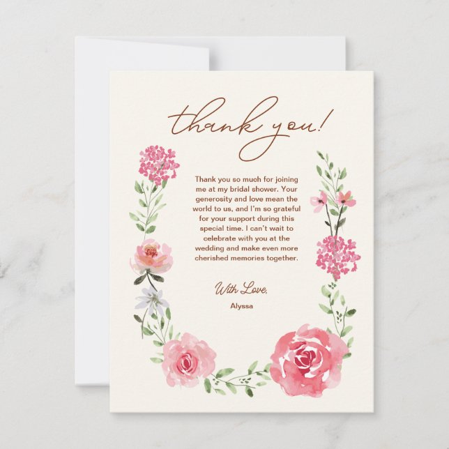 Carte De Remerciements Amour En Fleur Aquarelle Florale Douche nuptiale (Devant)