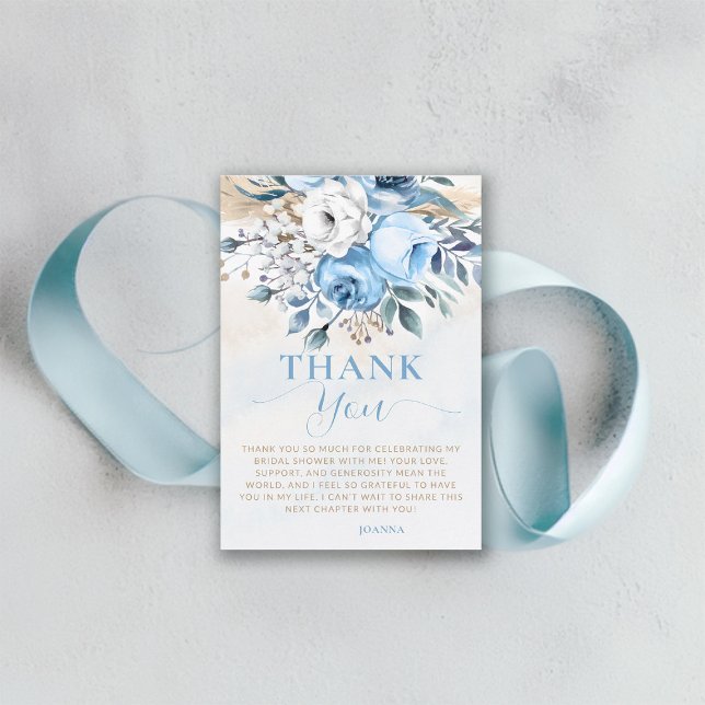 Carte De Remerciements Amour en Fleur Roses Bleues Fête de Mariée (something blue bridal shower thank you card dusty roses wheat watercolor romantic garden backyard)
