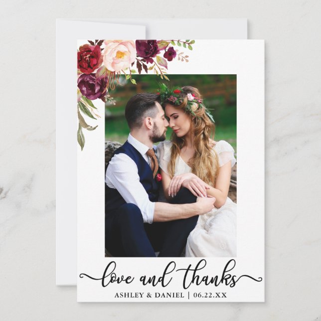 Carte De Remerciements Amour et mercis épousant la photo Bourgogne floral (Devant)