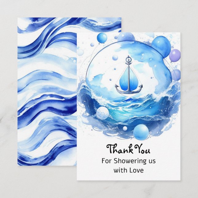 Carte De Remerciements Ancre Ahoy Nautical Shower Baby shower garçon (Devant / Derrière)