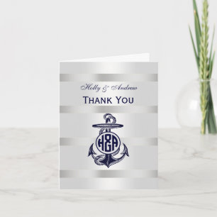 Carte De Remerciements Ancre Bleue Argent Blanc Cercle Marine Monogramme 