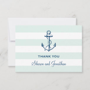 Carte De Remerciements Ancre bleue marine et rayures de menthe Mariage na