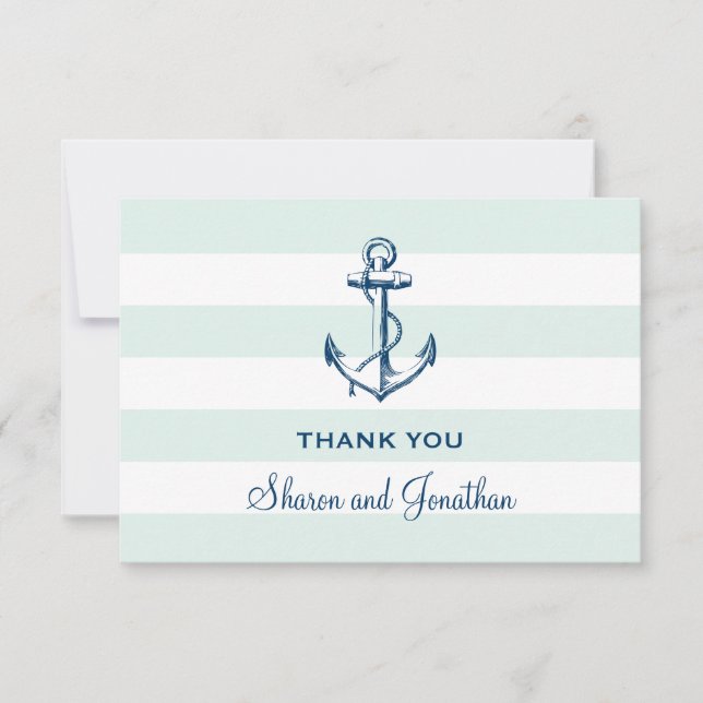 Carte De Remerciements Ancre bleue marine et rayures de menthe Mariage na (Devant)