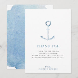 Carte De Remerciements Ancre d'aquarelle Baby shower de plage bleu marine