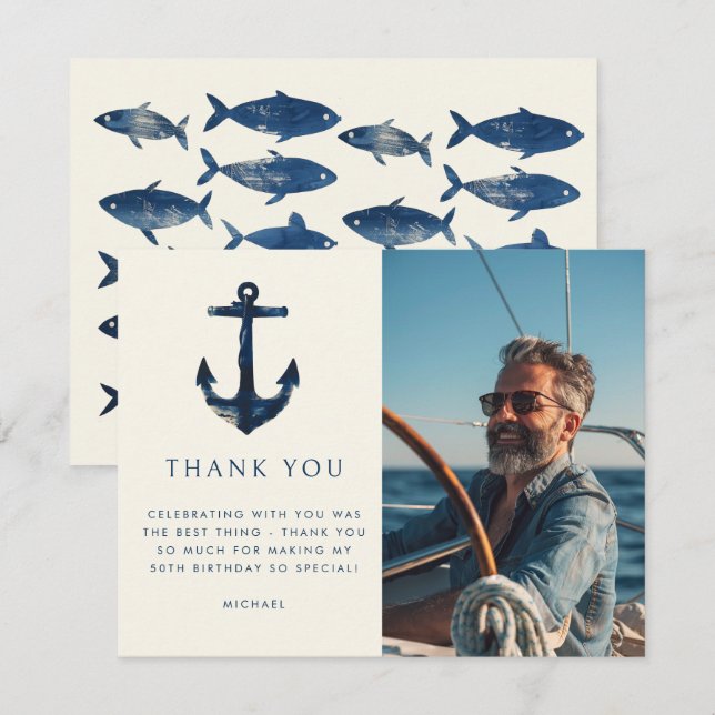 Carte De Remerciements Ancre Naútica Photo Anniversaire Bleu Marine Moder (Devant / Derrière)